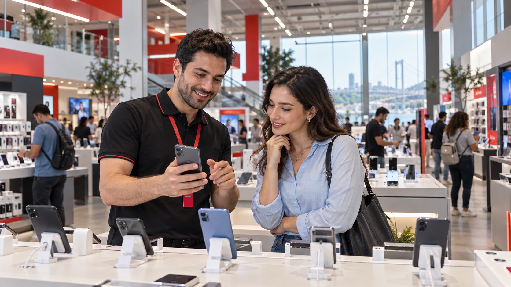 Büyük elektronik mağazasında müşteriye cep telefonu satan personel